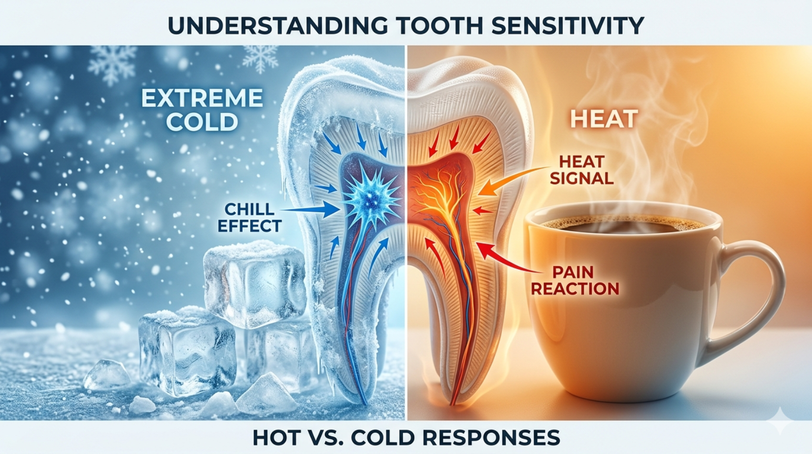 Tooth with ice and heat representing sensitivity to cold and hot foods and drinks.