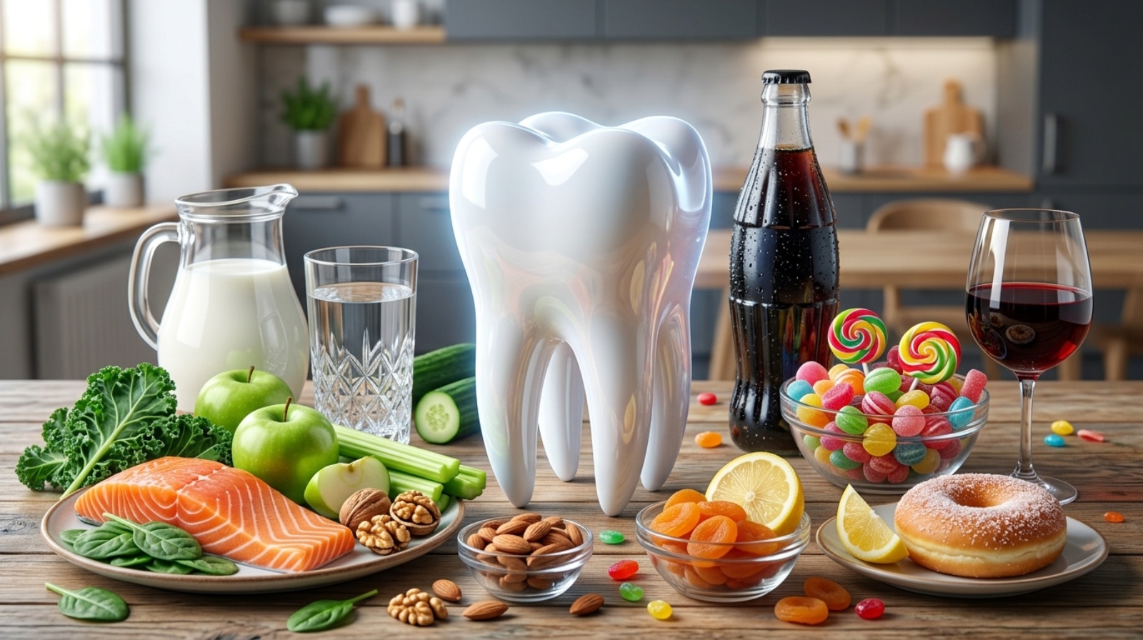 Healthy and enamel-damaging foods surrounding a shiny tooth illustrating the impact of diet on dental health and tooth enamel.